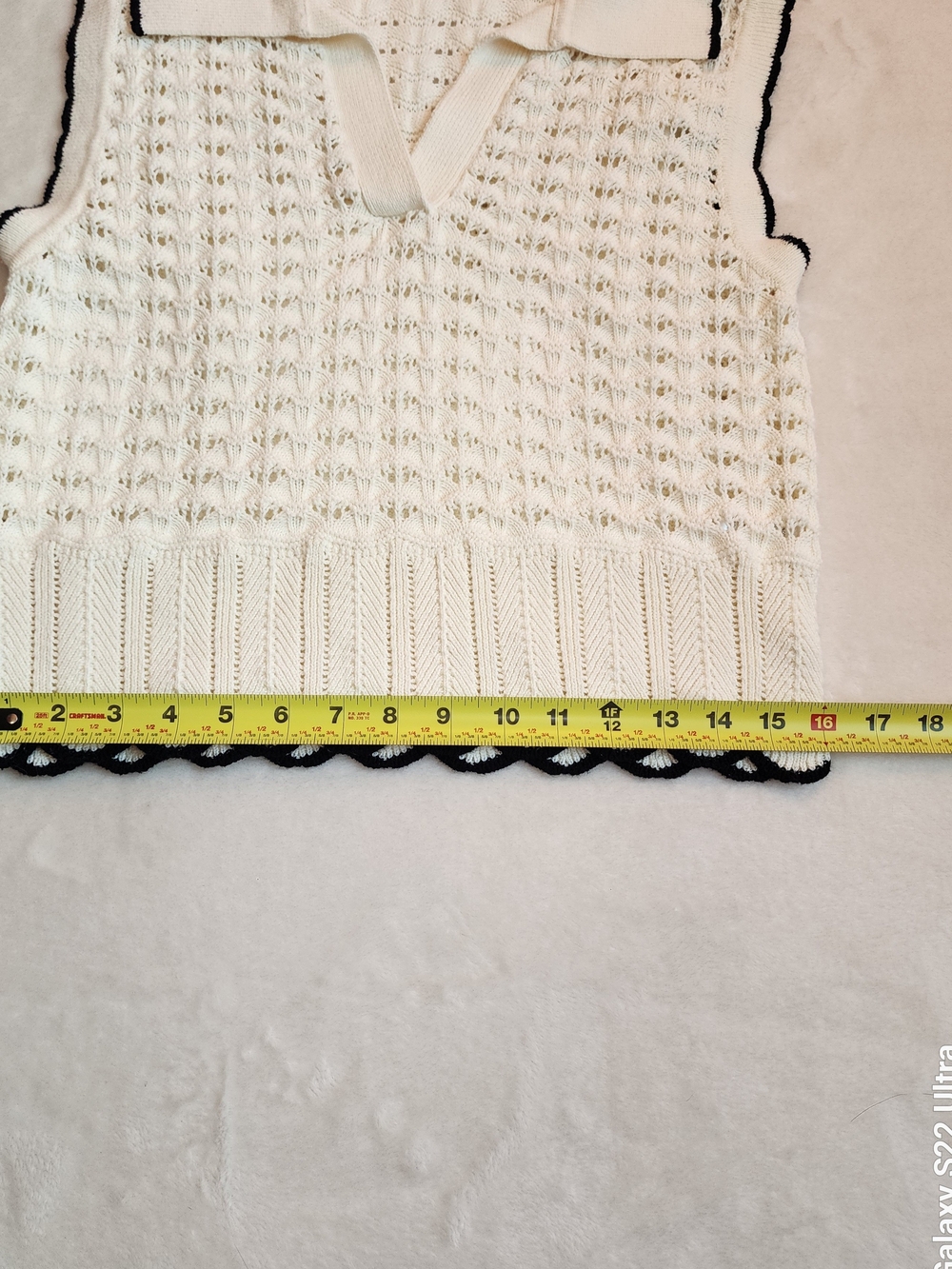 Cream Crochet Sweater Vest Contrast Scalloped Hem Women's Large Cotton Old Money - Picture 6 of 9
